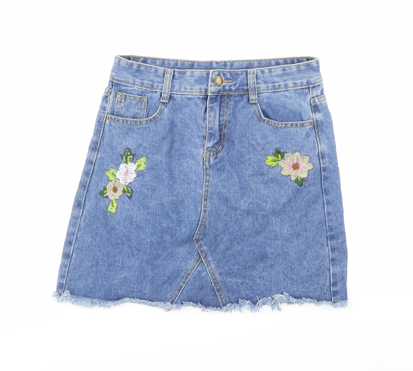 Preworn Womens Blue Floral Denim Mini Skirt