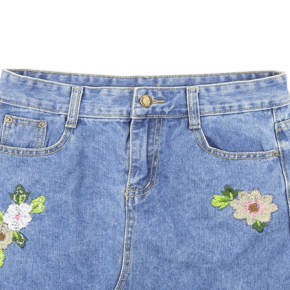Preworn Womens Blue Floral Denim Mini Skirt