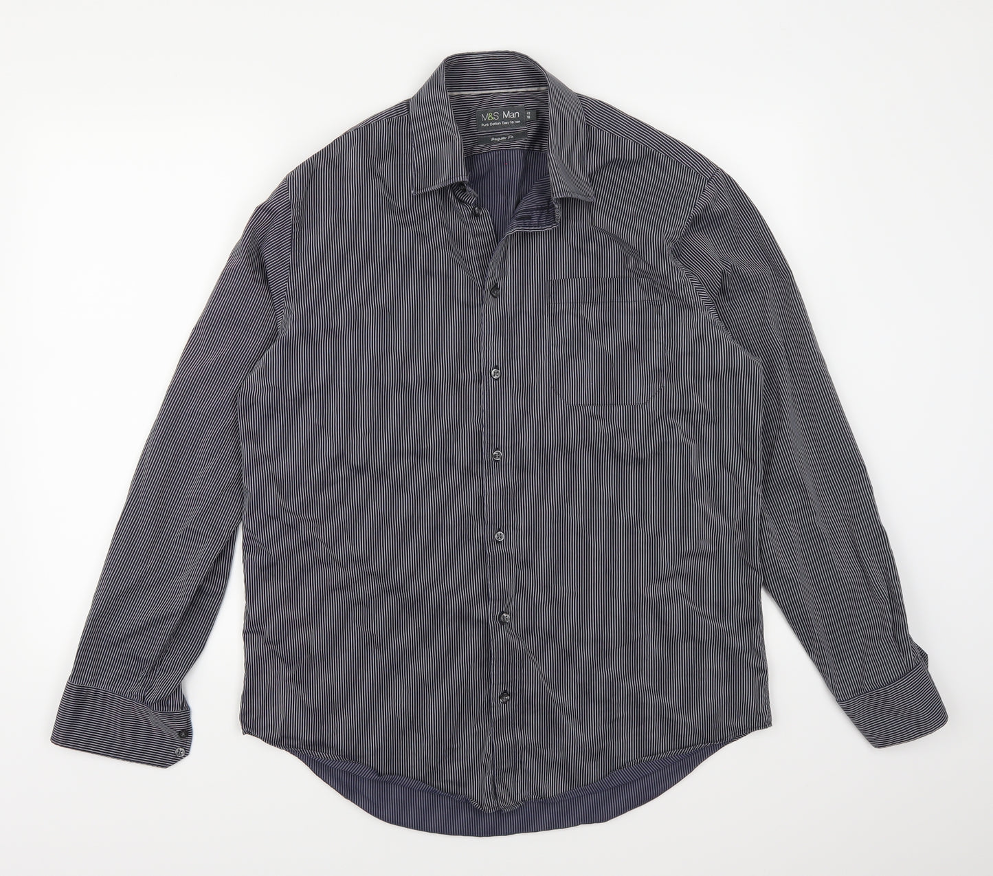 Marks and Spencer Mens Blue Striped   Button-Up Size M
