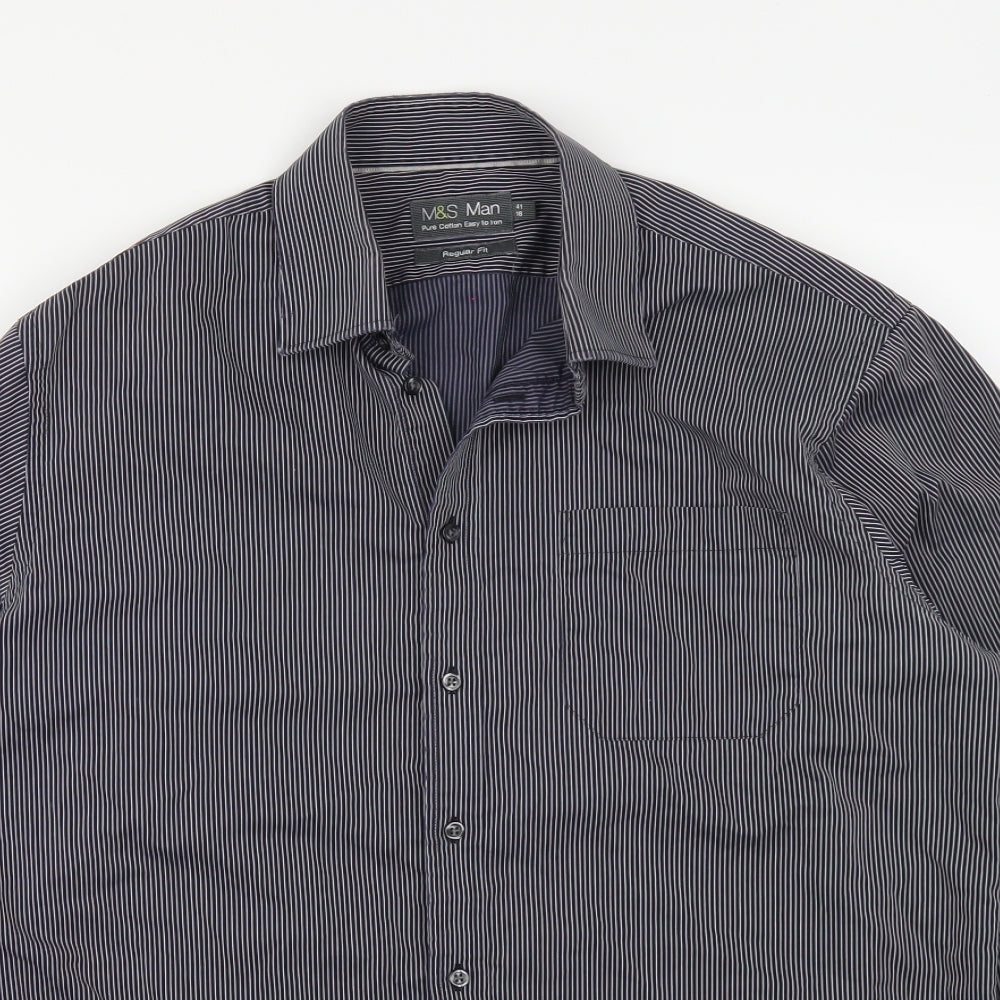 Marks and Spencer Mens Blue Striped   Button-Up Size M
