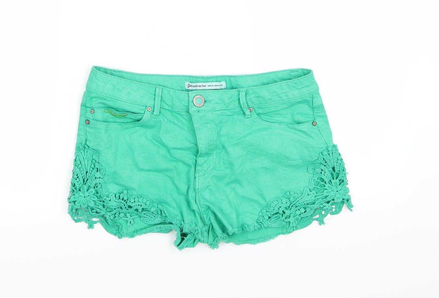 Stradivarius Womens Green  Denim Hot Pants Shorts Size 10