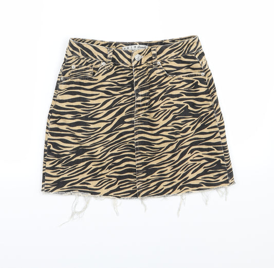 Front view of Denim & Co. women’s orange animal print denim a-line skirt, size UK 6