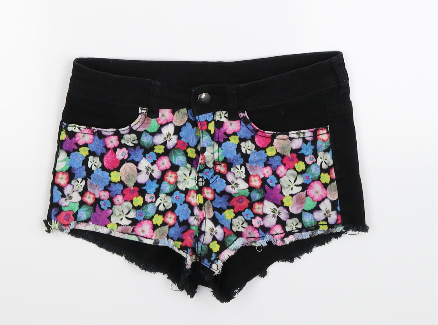 Divided Womens Black Floral Denim Hot Pants Shorts Size 8