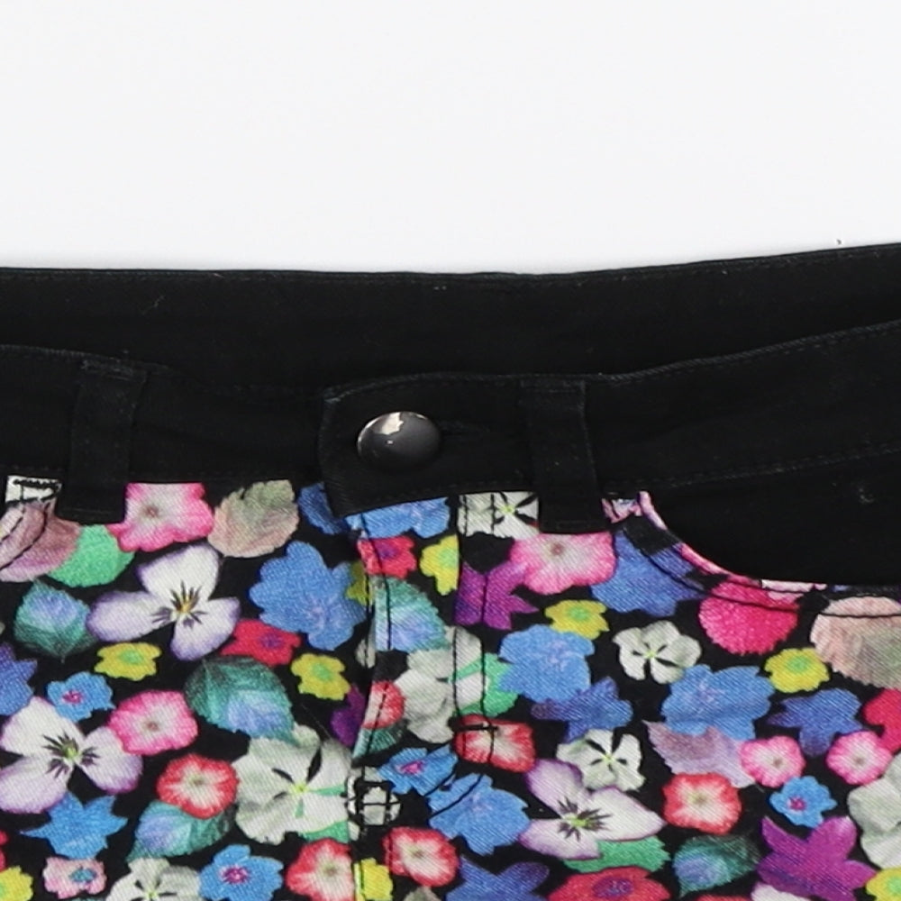 Divided Womens Black Floral Denim Hot Pants Shorts Size 8