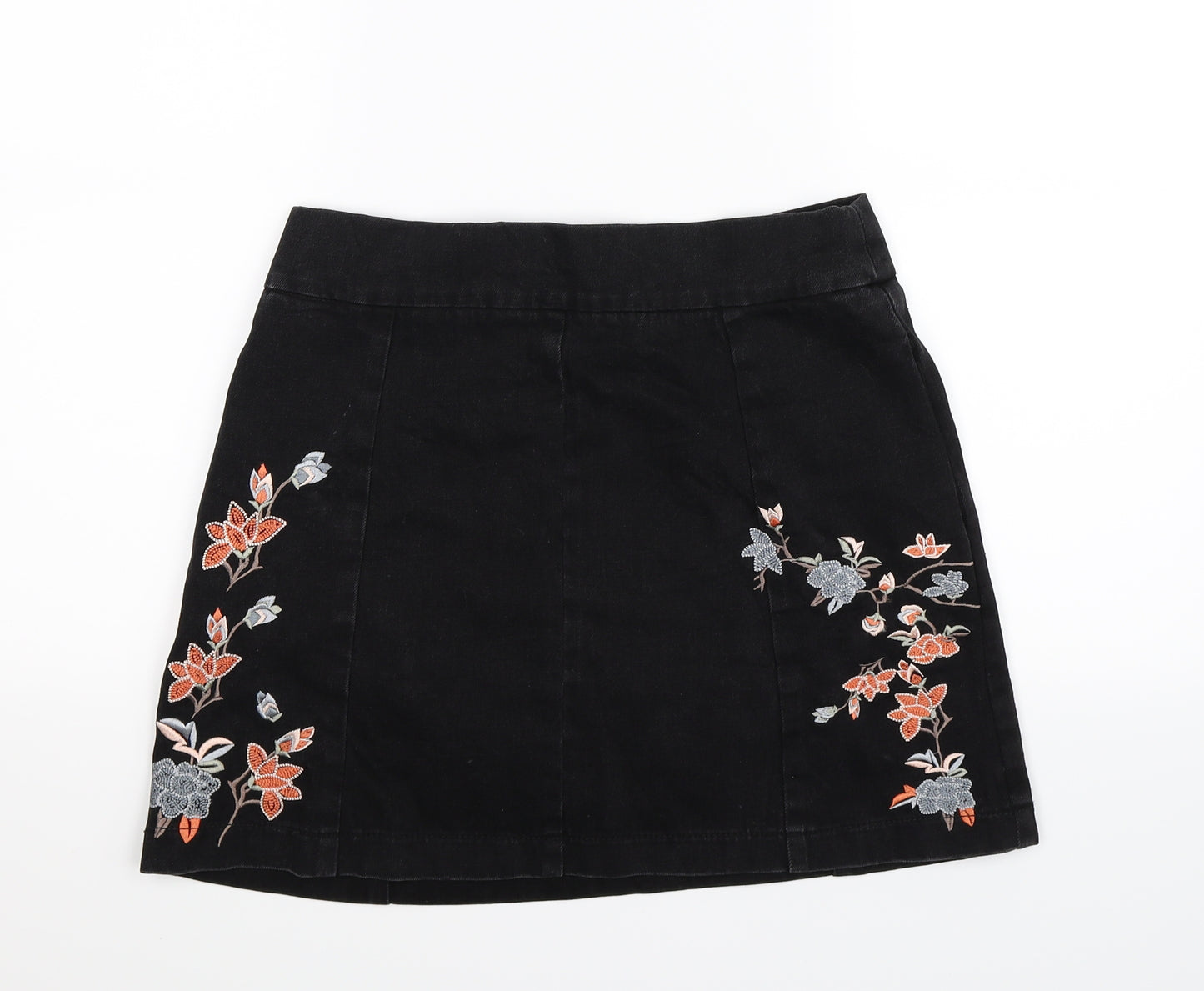 Topshop Womens Black Floral Denim A-Line Skirt Size 12