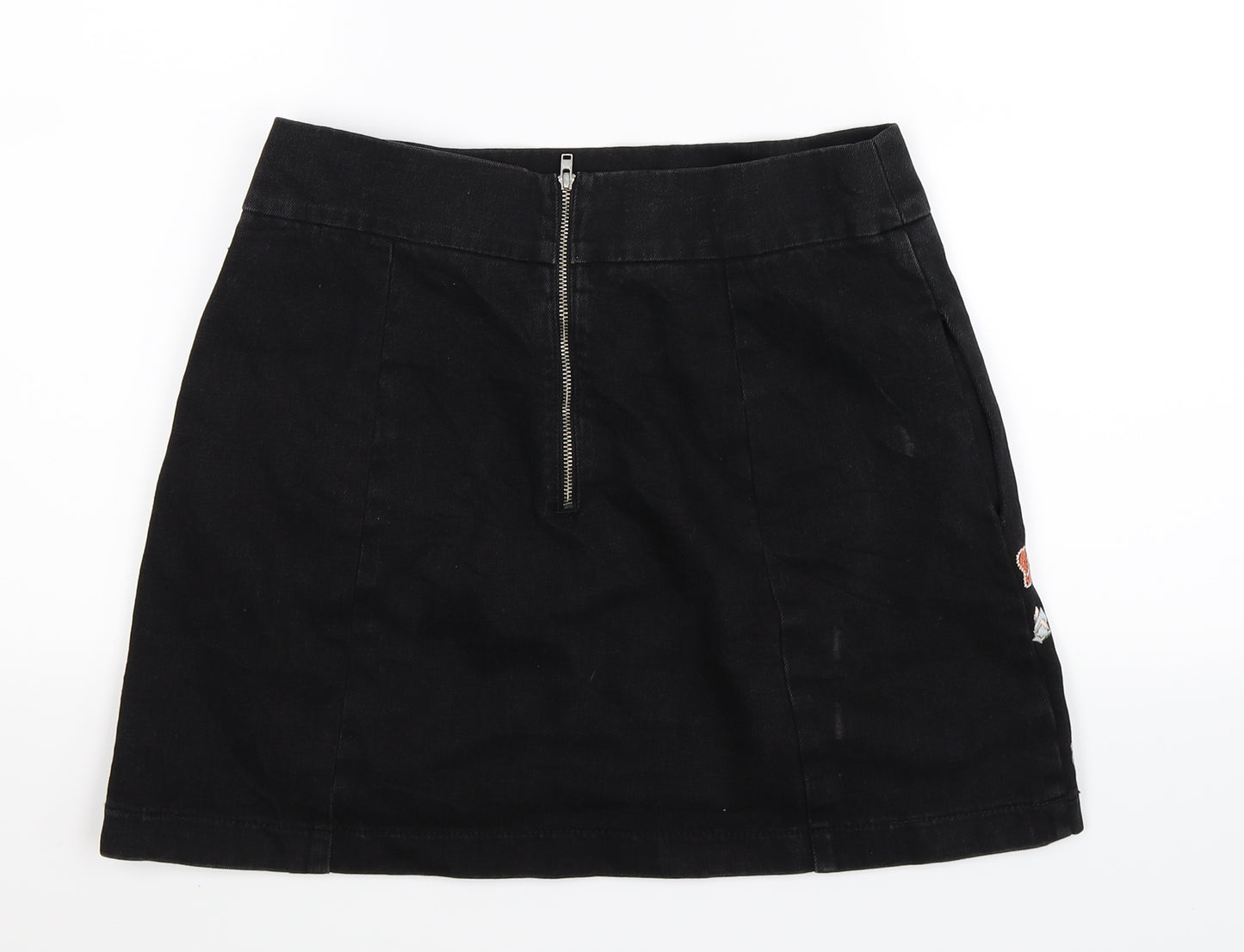 Topshop Womens Black Floral Denim A-Line Skirt Size 12