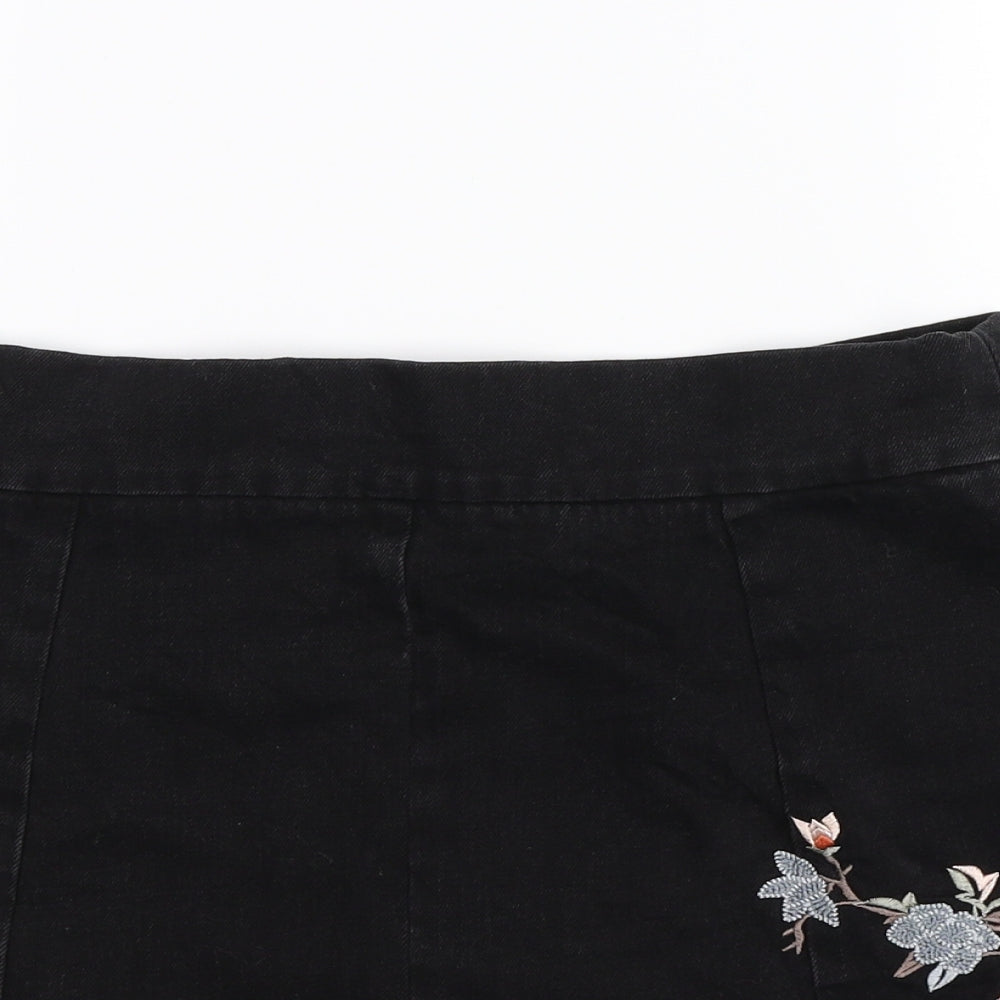 Topshop Womens Black Floral Denim A-Line Skirt Size 12
