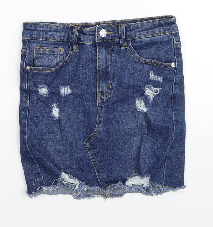 PRETTYLITTLETHING Womens Blue Denim Mini Skirt Size 8 - Distressed