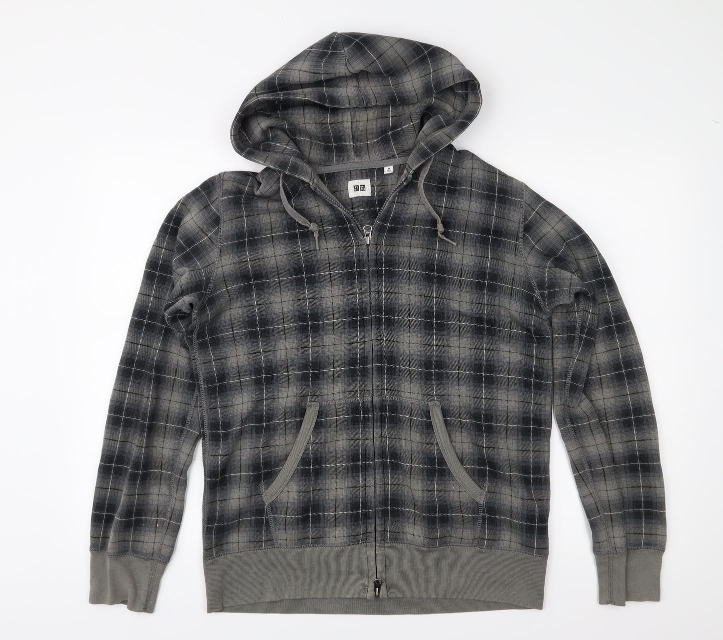 UNI QLO Mens Grey Check  Full Zip Hoodie Size M