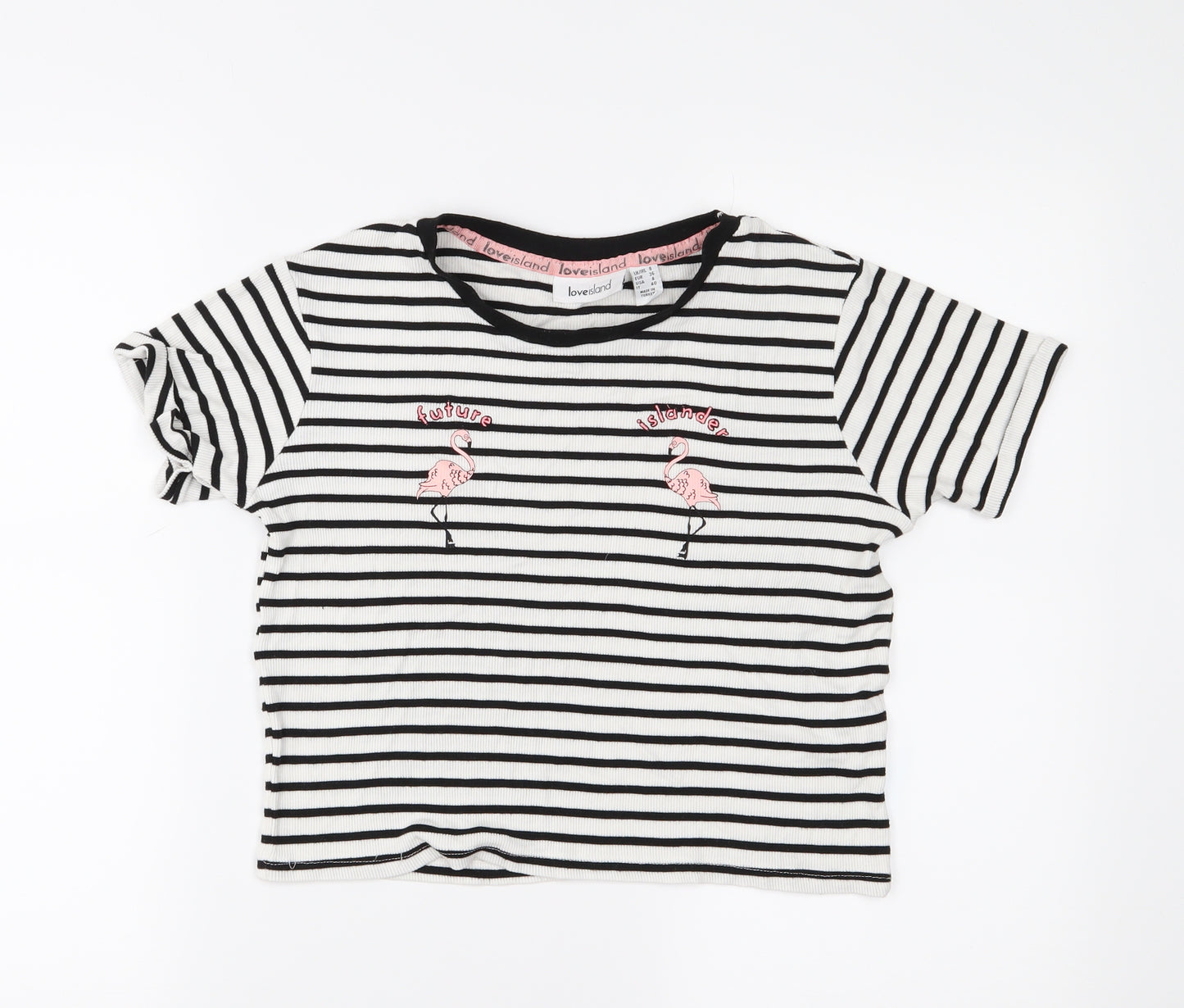 Love Island Womens White Striped  Cropped T-Shirt Size 8