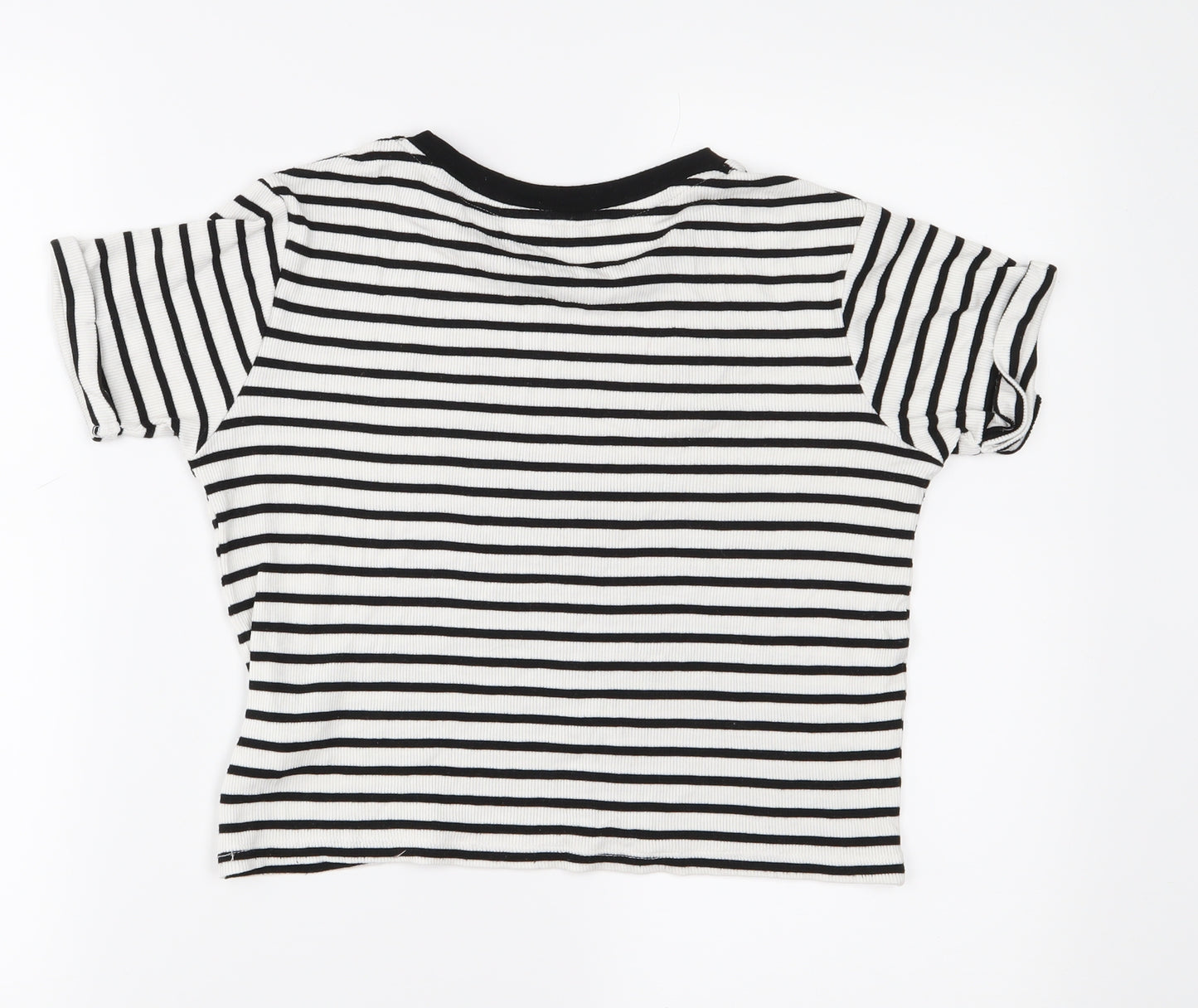 Love Island Womens White Striped  Cropped T-Shirt Size 8