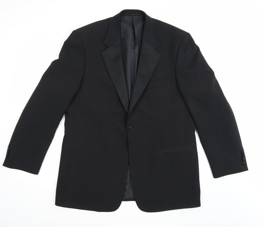 Front view of 1860 Menswear men’s black rayon jacket suit jacket, size 42