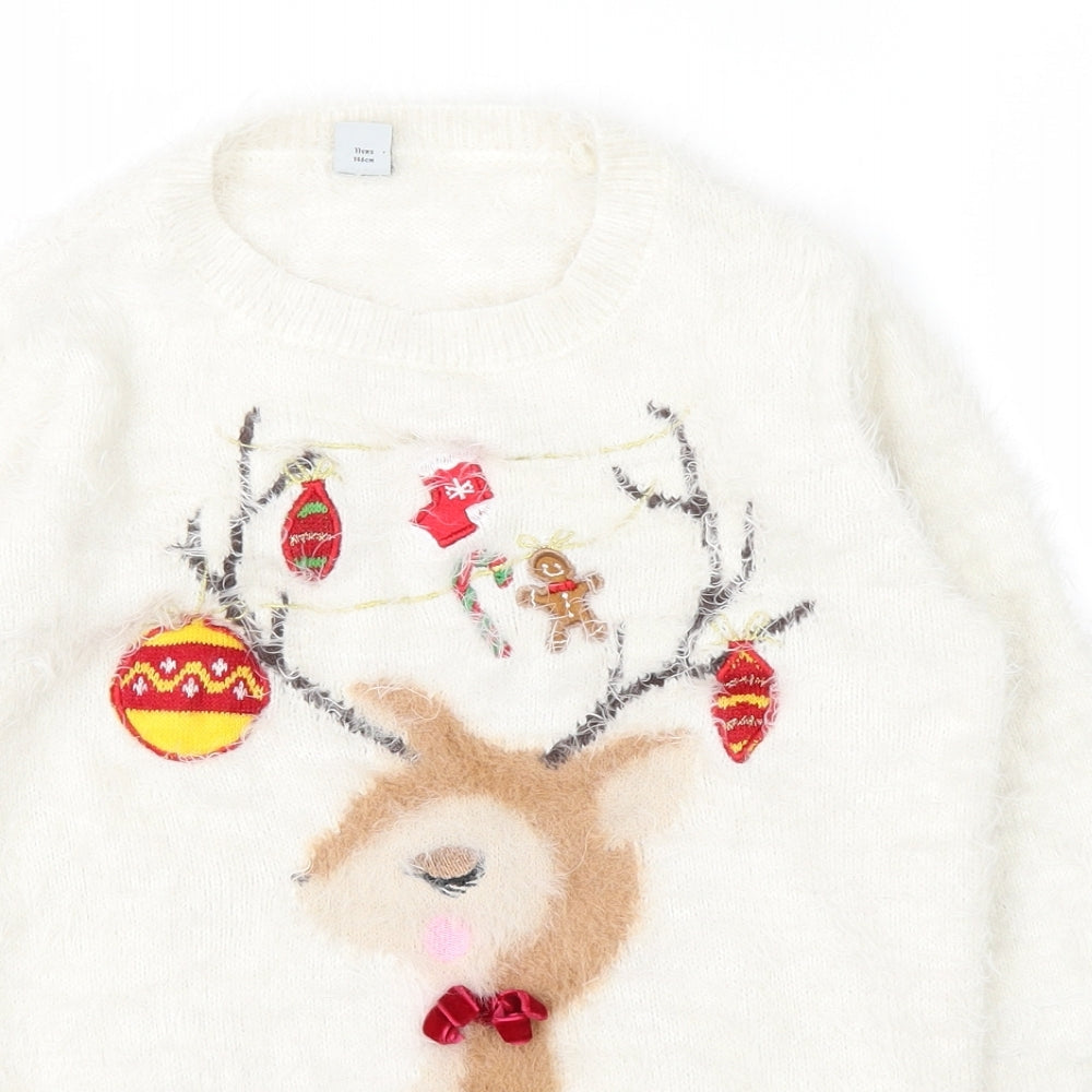 TU Girls White  Knit Pullover Jumper Size 11 Years  - Christmas