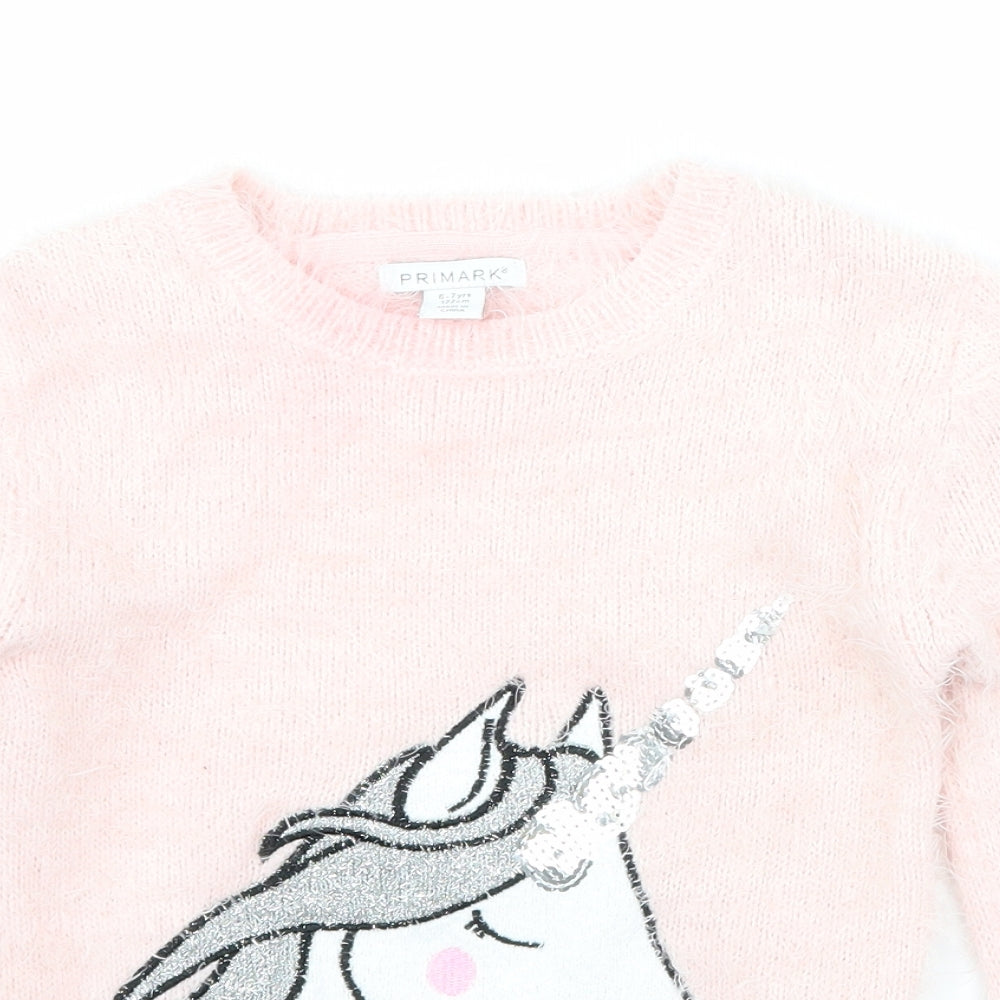 Primark Girls Pink   Pullover Jumper Size 6-7 Years  - unicorn