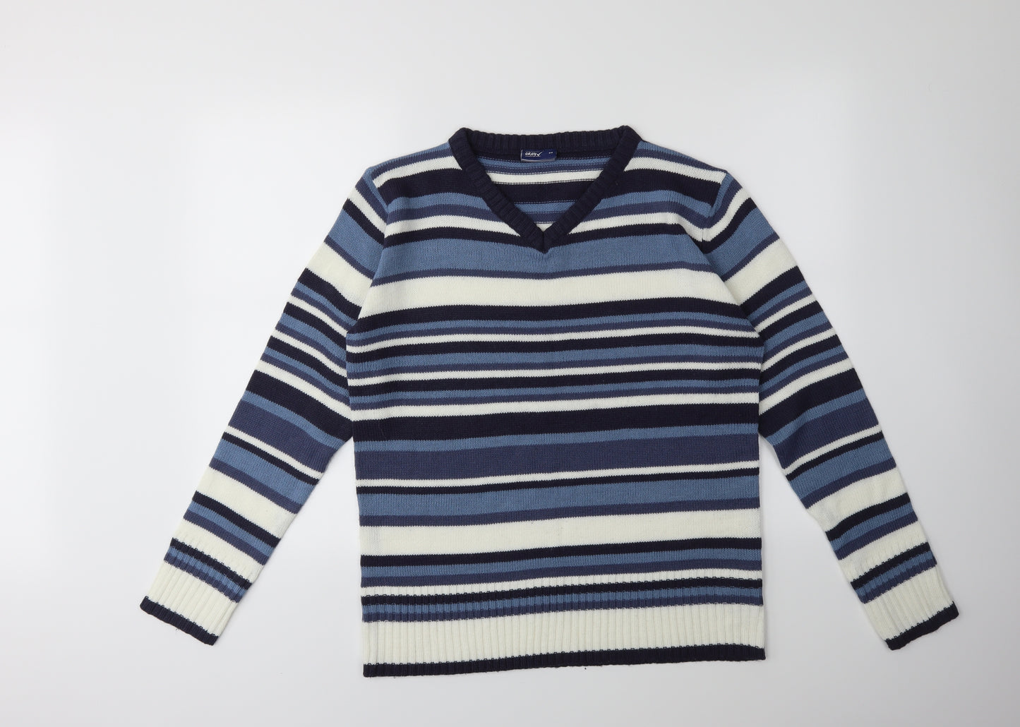 OKAY Mens Blue Striped Knit Pullover Jumper Size L