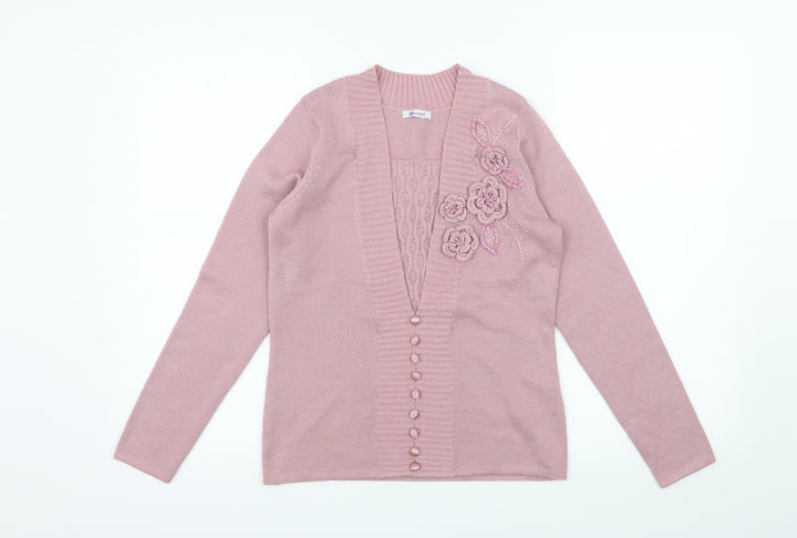 Damart Womens Pink Knit Pullover Jumper Size 8 - Flower Detail