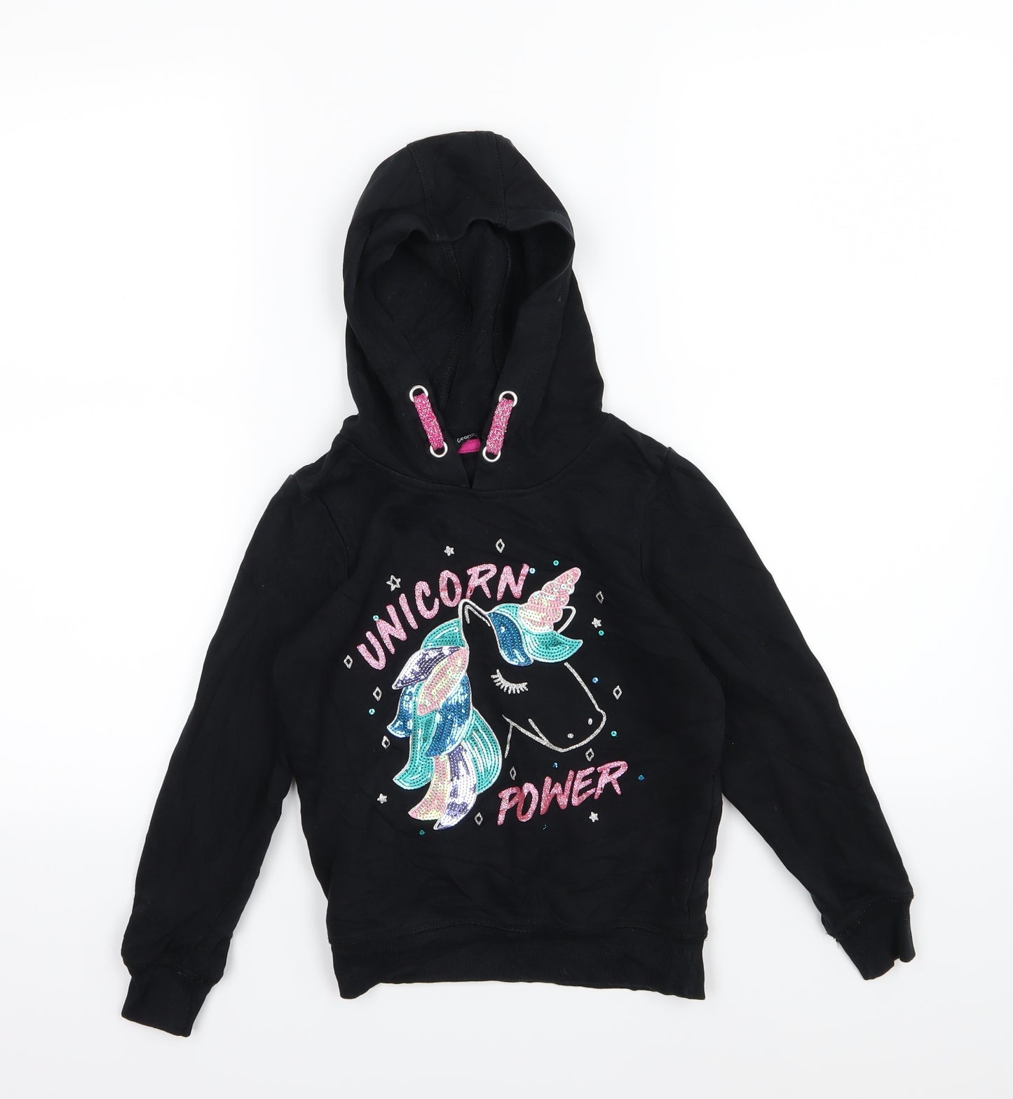 George Girls Black  Jersey Pullover Hoodie Size 7-8 Years  - unicorn sequin