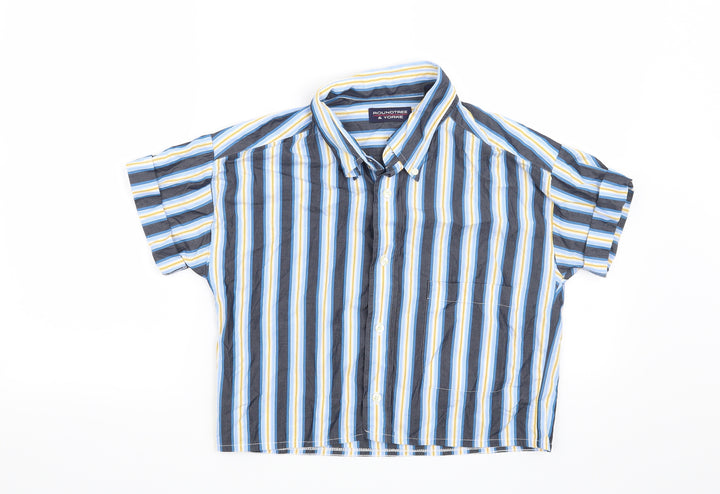 Roundtree & Yorke Womens Blue Striped Basic Button-Up Size L