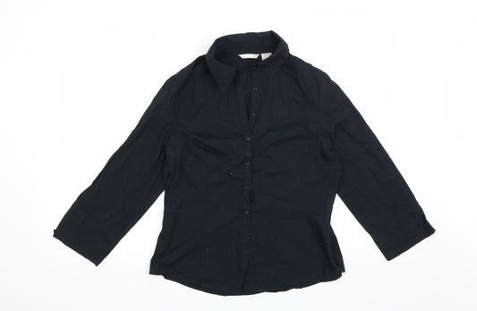 Front view of Preworn women’s blue basic button-up, size UK 12