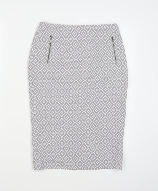 Front view of Marks & Spencer women’s grey geometric a-line skirt, size UK 8