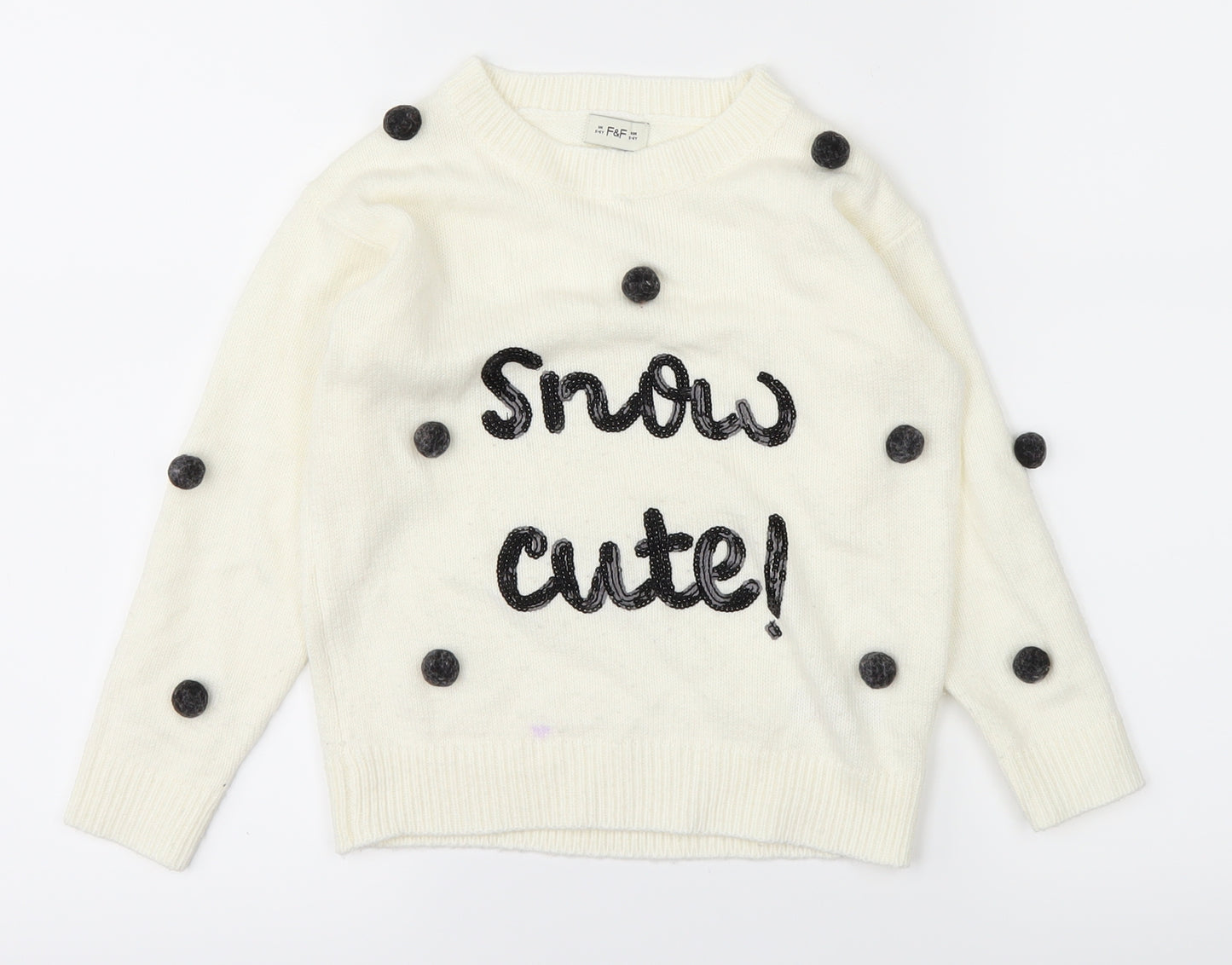 F&F Girls White  Knit Pullover Jumper Size 5-6 Years