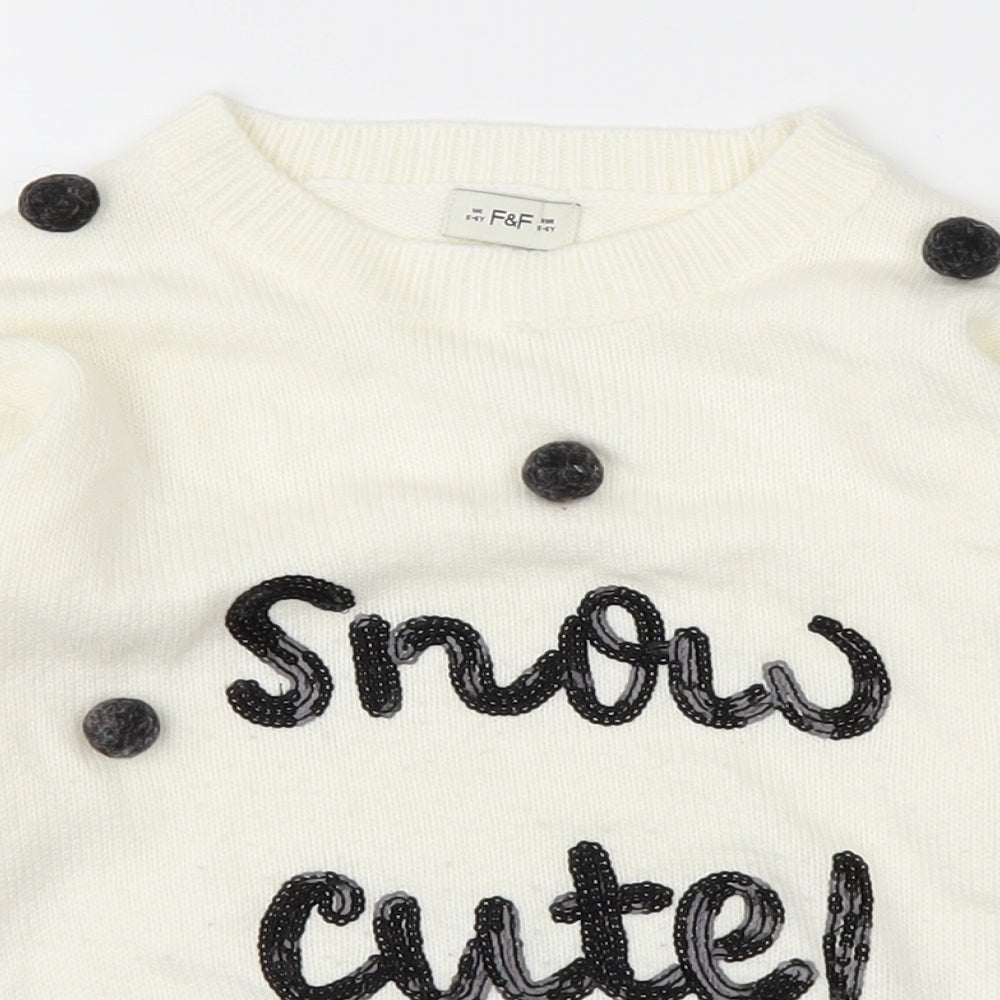F&F Girls White  Knit Pullover Jumper Size 5-6 Years