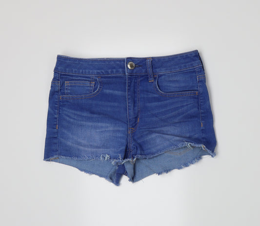 Front view of American Eagle Outfitters women’s blue denim hot pants shorts, size UK 10