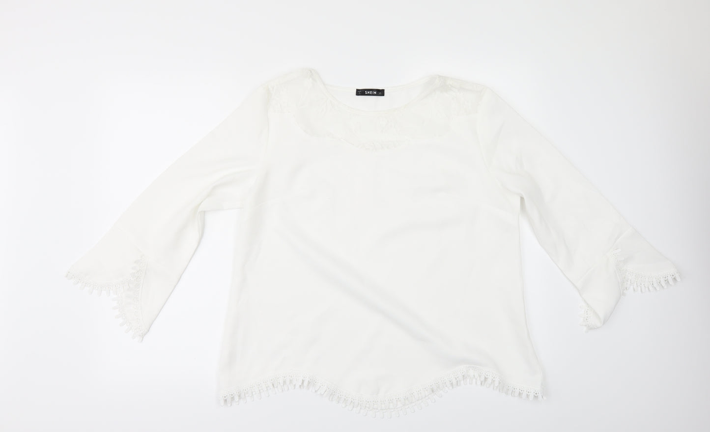 Shien Womens White   Tunic Blouse Size L  - lace, SHAPED HEM AND SLEEVES