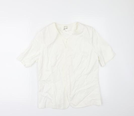 Front view of Frank Walder women’s ivory tunic button-up, size UK 10