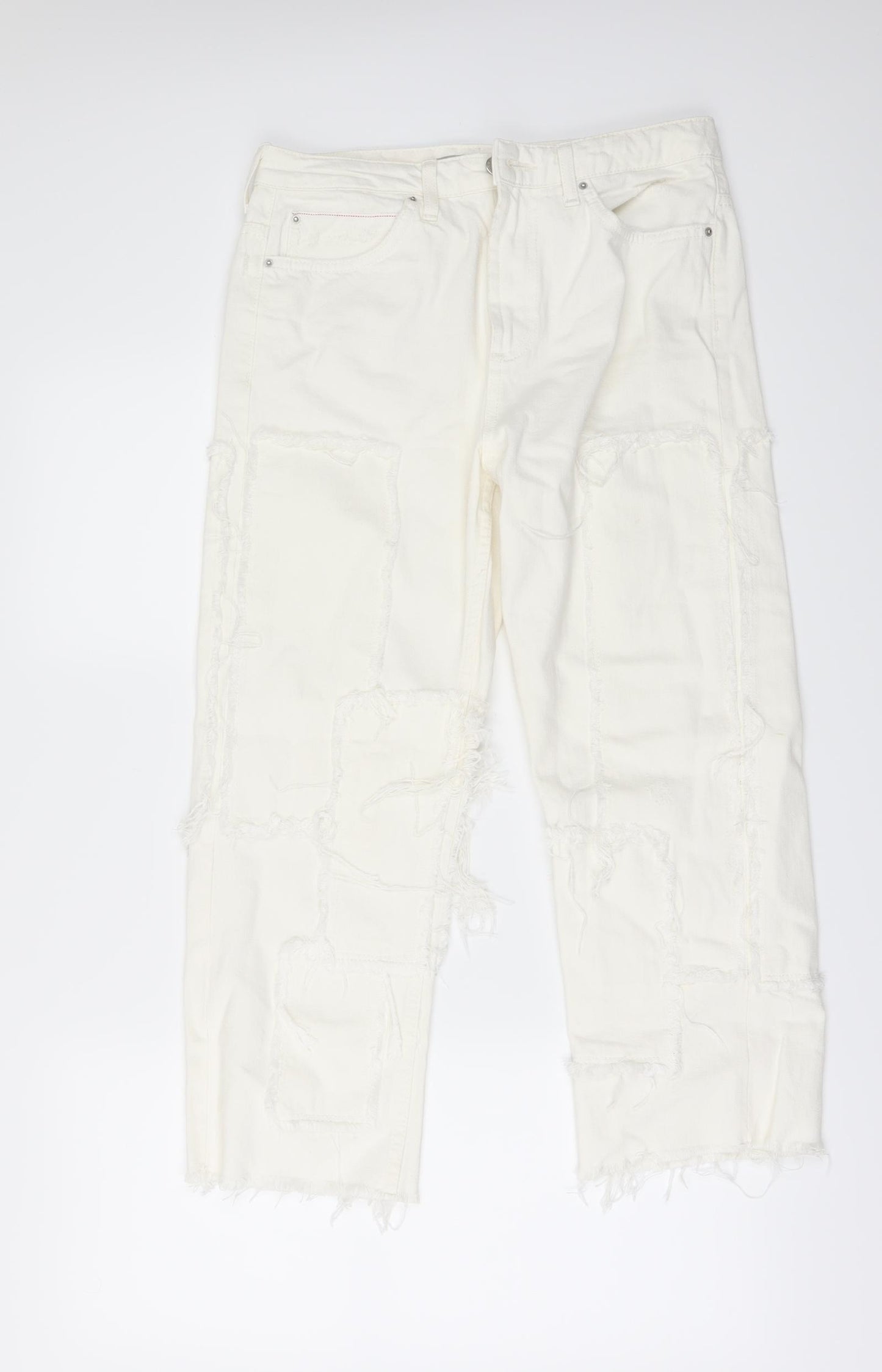 Topshop Womens White  Denim Cropped Jeans Size 28 in L23 in - frayed hem and patches