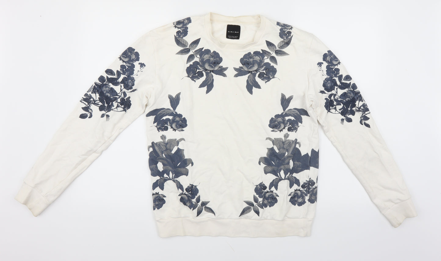 Zara Mens Ivory Floral  Pullover Sweatshirt Size M