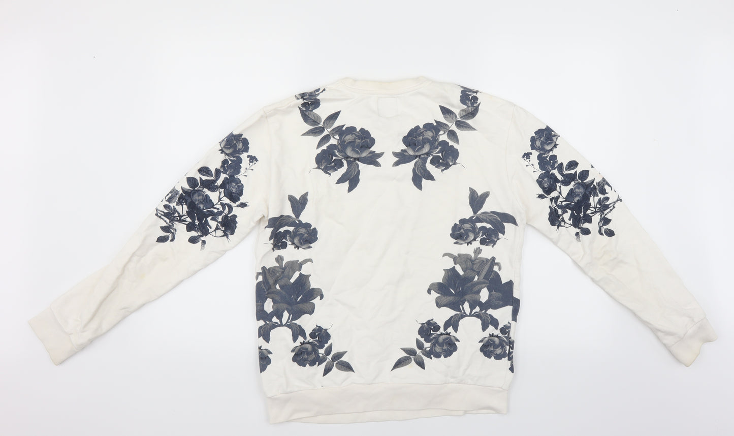 Zara Mens Ivory Floral  Pullover Sweatshirt Size M