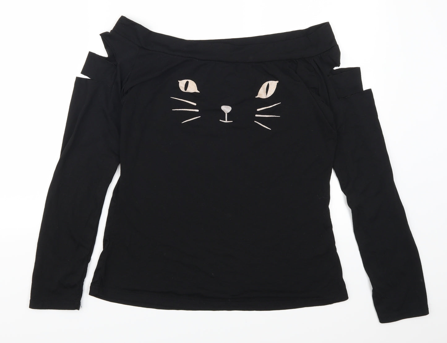 Fashion Womens Black Animal Print  Basic T-Shirt Size L  - Black Cat