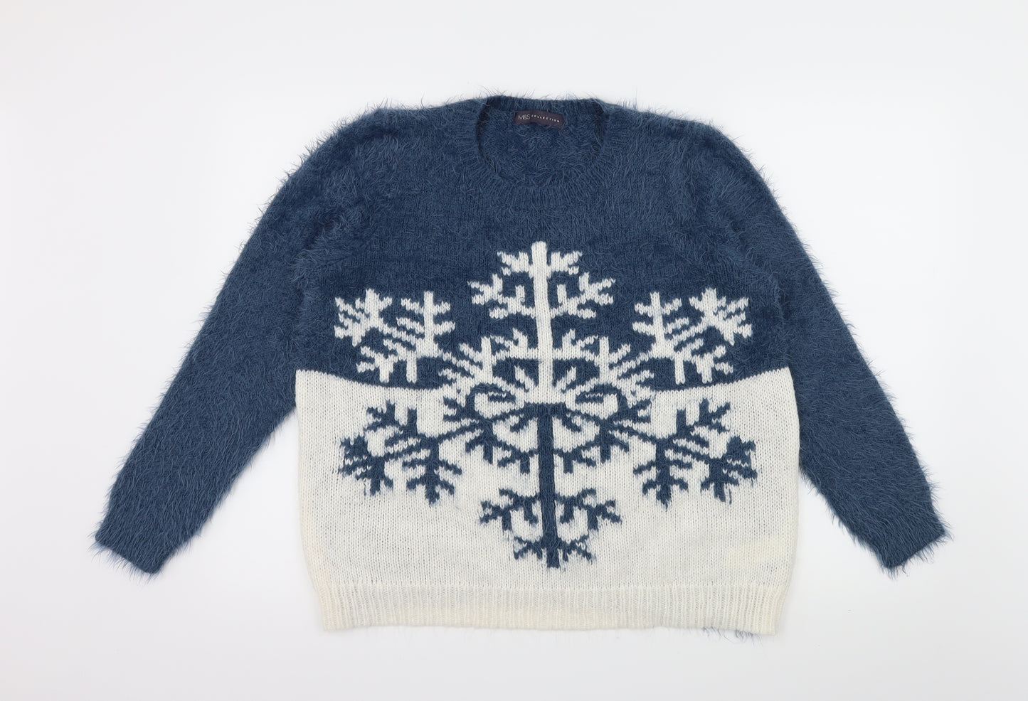 Marks and Spencer Womens Blue Geometric Knit Pullover Jumper Size 14  - Snowflake