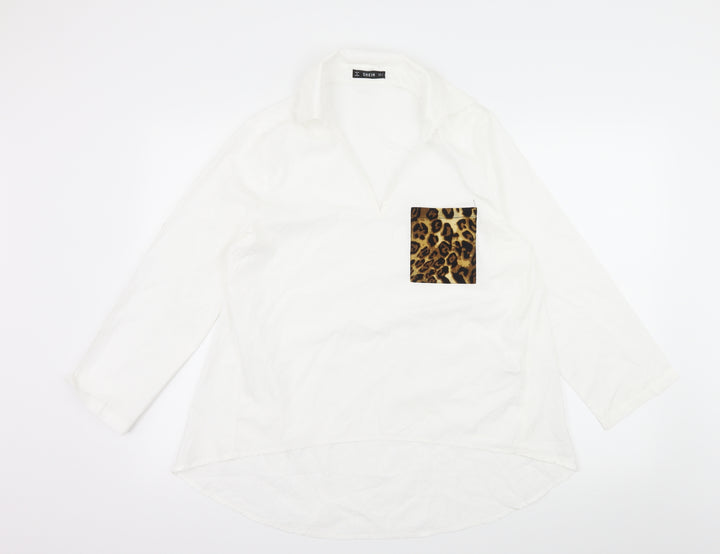 SheIn Womens White Animal Print Basic Blouse Size M - Leopard Print Pocket