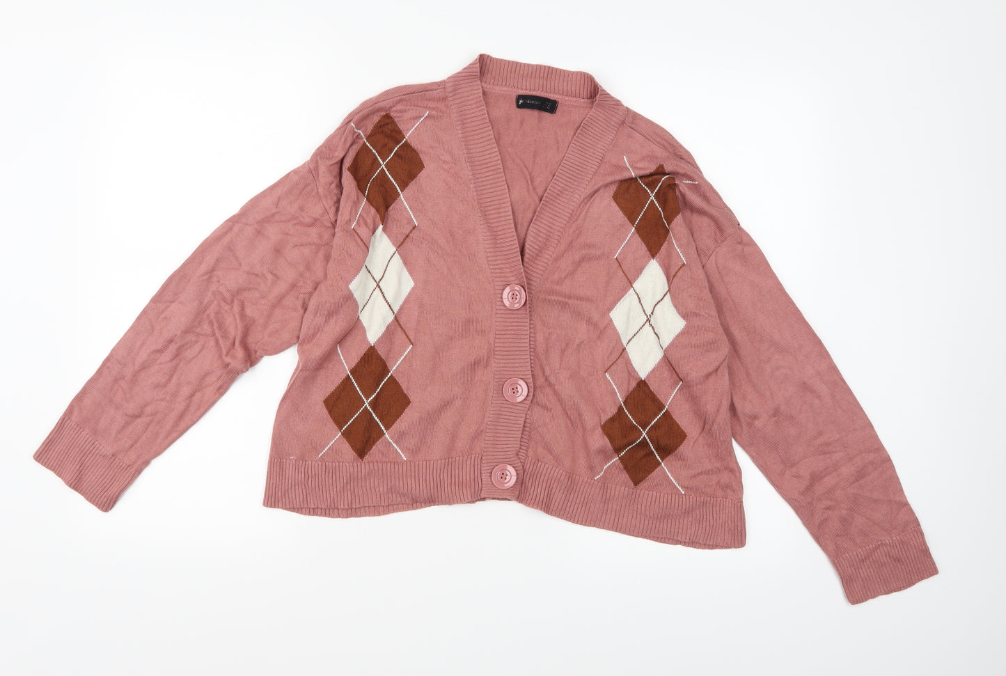 Stradivarius Womens Pink Check Knit Cardigan Jumper Size M