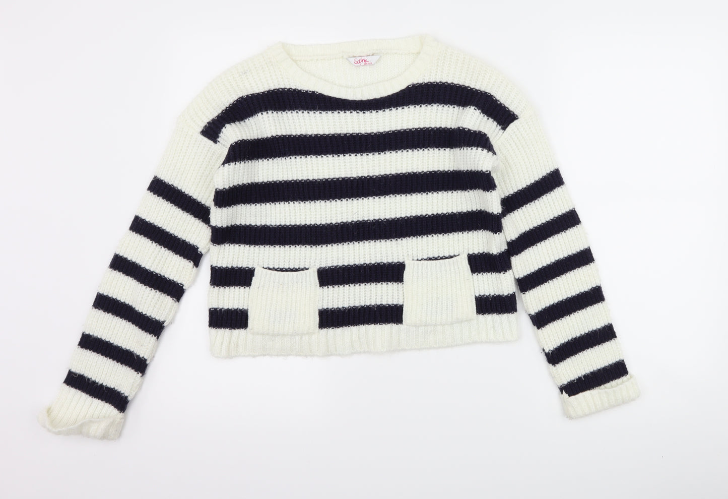 sophie Girls White Striped  Pullover Jumper Size 12-13 Years