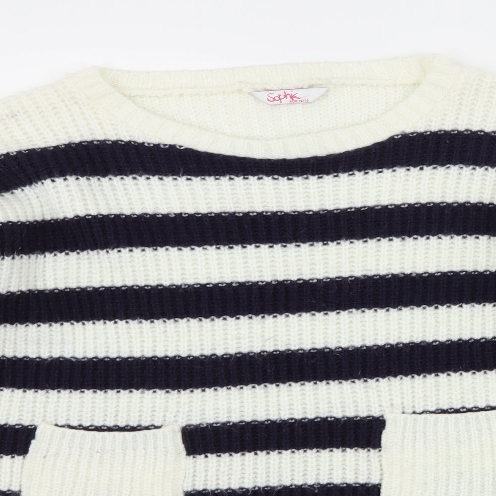 sophie Girls White Striped  Pullover Jumper Size 12-13 Years