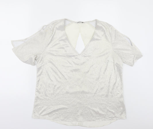 Front view of NEXT women’s ivory tunic blouse, size UK 14, - slit on sleeves