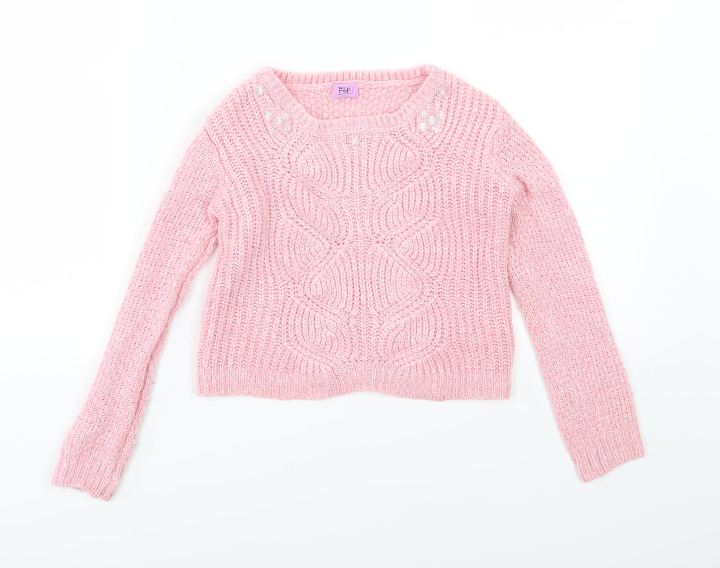 F&F Girls Pink  Knit Pullover Jumper Size 6-7 Years  - Beaded