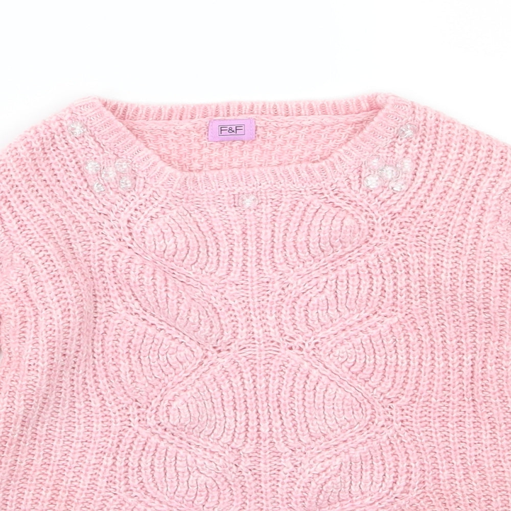 F&F Girls Pink  Knit Pullover Jumper Size 6-7 Years  - Beaded