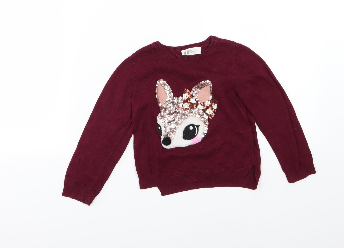 H&M Girls Red  Knit Pullover Jumper Size 2-3 Years  - Baby Deer Sequin