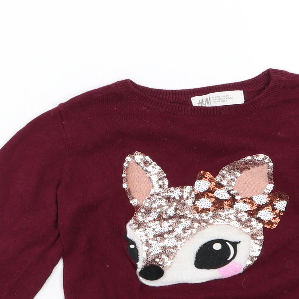 H&M Girls Red  Knit Pullover Jumper Size 2-3 Years  - Baby Deer Sequin