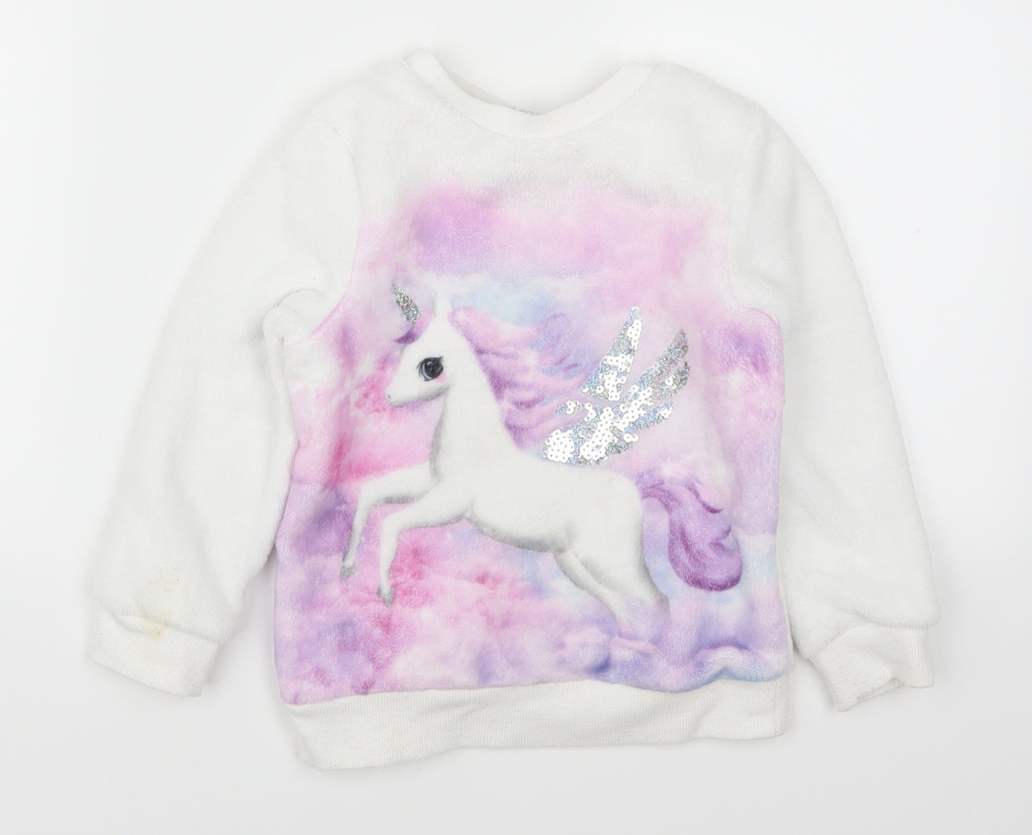 H&M Girls White Animal Print Fleece Top Pyjama Top Size 3-4 Years  - Unicorn
