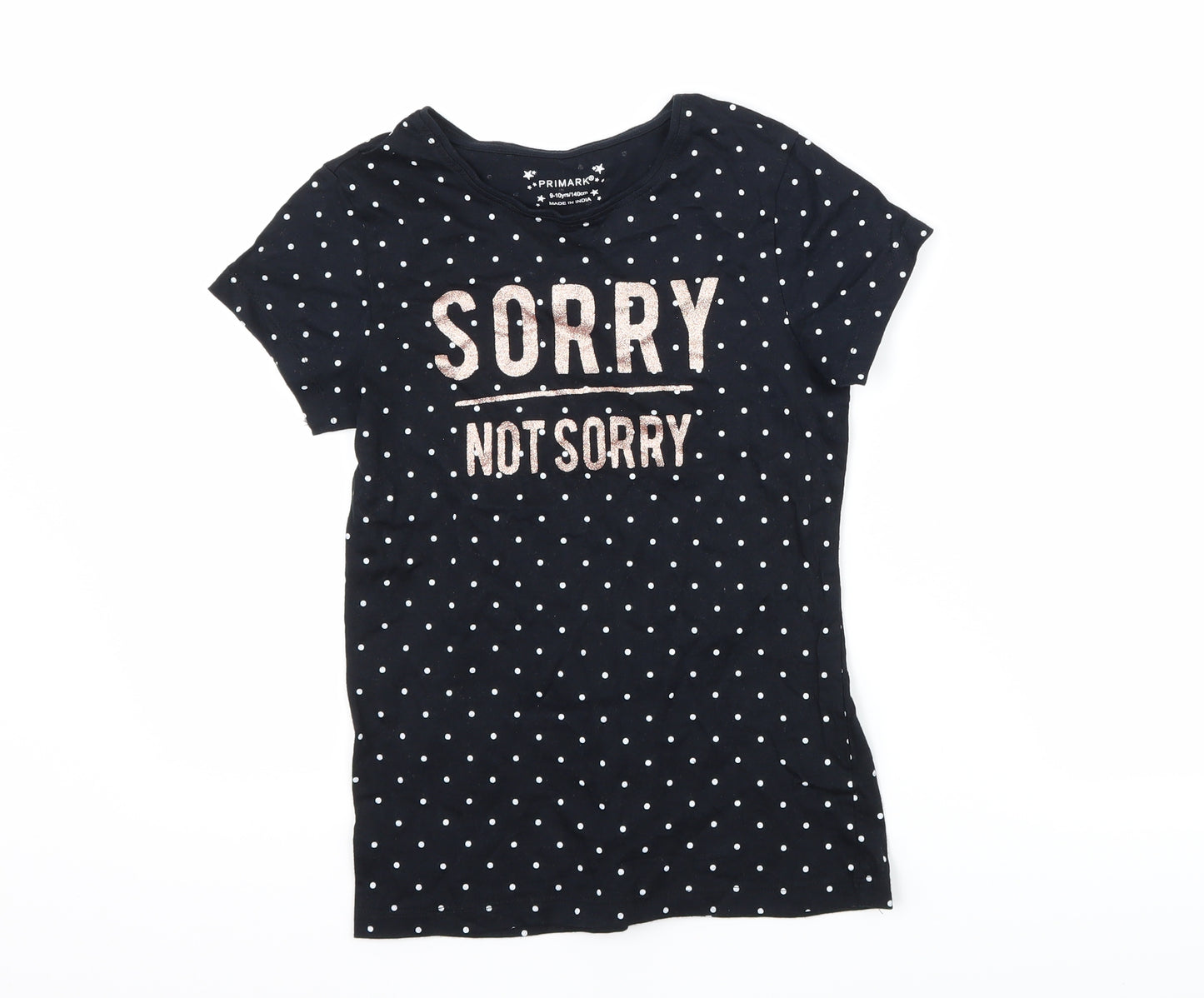 Primark Girls Black Polka Dot  Basic T-Shirt Size 9-10 Years  - slogan