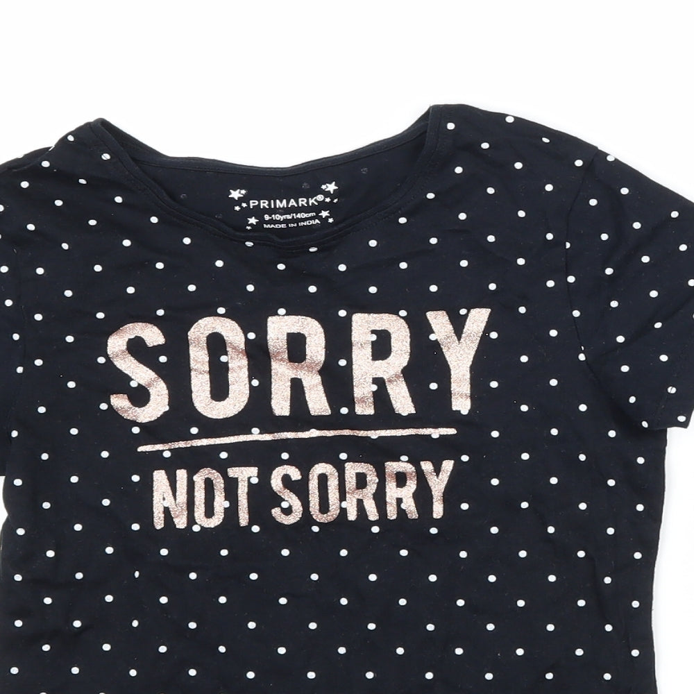 Primark Girls Black Polka Dot  Basic T-Shirt Size 9-10 Years  - slogan