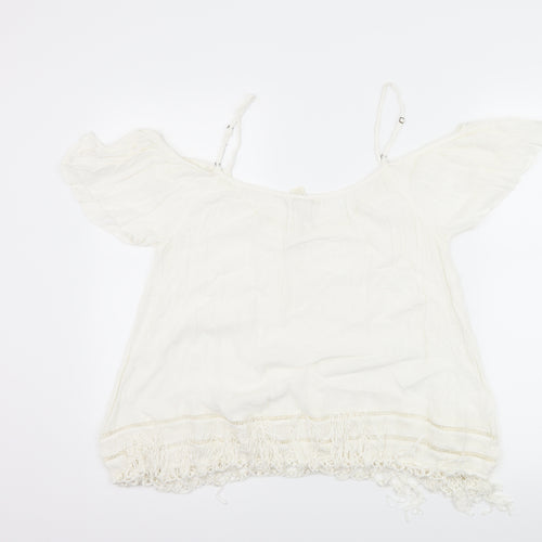 FOREVER 21 Womens Ivory   Basic T-Shirt Size L  - Cut Out Shoulder