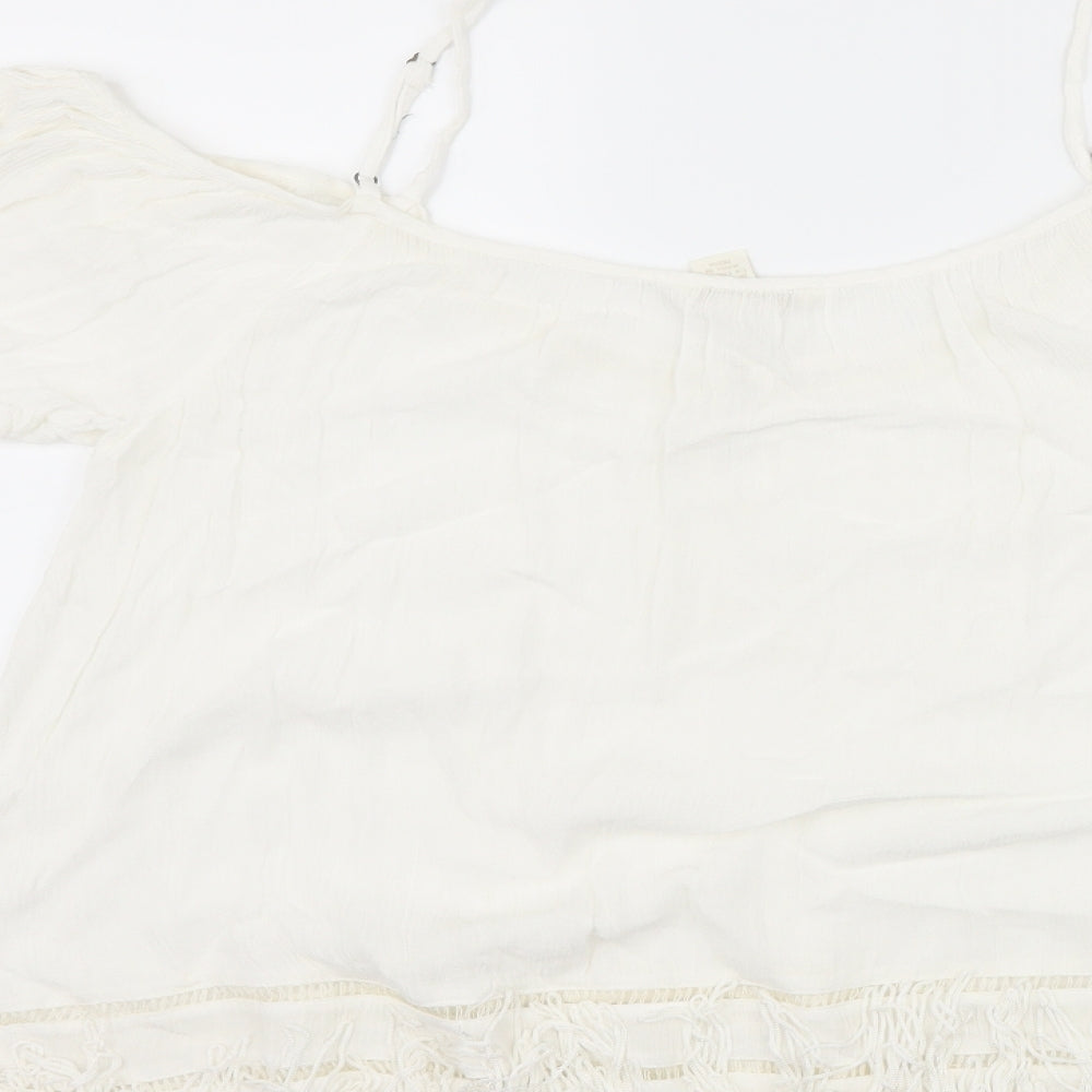 FOREVER 21 Womens Ivory   Basic T-Shirt Size L  - Cut Out Shoulder