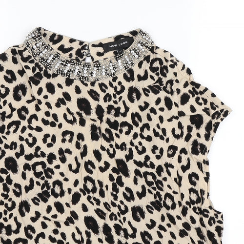 Newlook Womens Brown Animal Print  Basic Blouse Size 14  - Jewelled collar