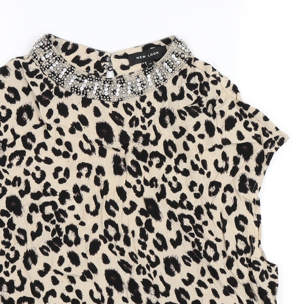 Newlook Womens Brown Animal Print  Basic Blouse Size 14  - Jewelled collar